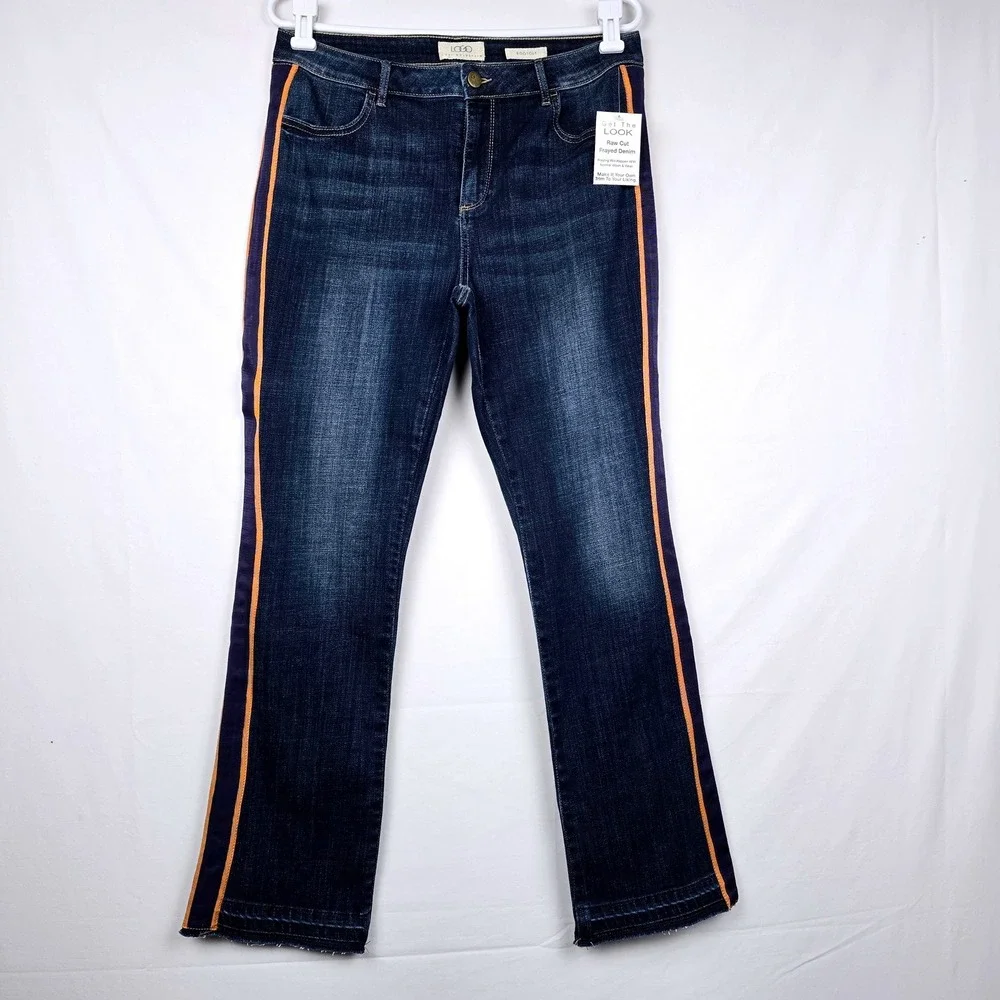 LOGO Lori Goldstein Bootcut Jeans Side Stripe Raw Hem Dark Wash Blue 12 New